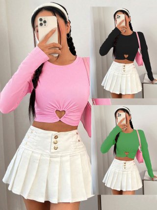 Women's Slim Fit Crop Top Long Sleeve Ribbed Knit T-Shirt With Heart Cutout Sexy Sweet Streetwear Tee For Ladies Casual Wear