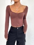 Women's Sexy Sweetheart Neck Long Sleeve Crop Top Ruched Front Side Slit Slim Fit T-shirt Viscose Elastane Ribbed Knit Streetwear Party Tee