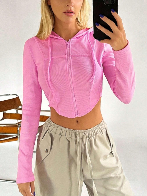 Women's Slim Fit Ribbed Knit Zip Up Hoodie Crop Top Long Sleeve Hooded Sweatshirt Solid Pink Casual Streetwear T-Shirt Jacket