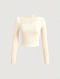 Women Ribbed Knit T-Shirt Asymmetric Neckline Long Sleeve Slim Fit Crop Top Solid Color Viscose Blend Elegant Casual Office Wear Top