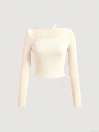 Women Ribbed Knit T-Shirt Asymmetric Neckline Long Sleeve Slim Fit Crop Top Solid Color Viscose Blend Elegant Casual Office Wear Top