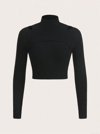 Women's Sexy Mock Neck Hollow Out Knit T-Shirt Elegant Viscose Polyester Ribbed Long Sleeve Slim Fit Crop Top For Party Daily Commute