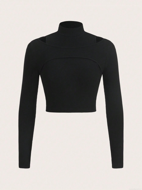 Women's Sexy Mock Neck Hollow Out Knit T-Shirt Elegant Viscose Polyester Ribbed Long Sleeve Slim Fit Crop Top For Party Daily Commute
