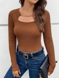 Women's Sexy Hollow Out Long Sleeve T-Shirt Ribbed Knit Top with Gold Metal Chain Decoration Slim Fit Caramel Brown Pullover Autumn Winter Fashion Casual Basic