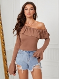 Women's Sexy Off-Shoulder Ruffle Long Sleeve T-Shirt Slim Fit Polyester Spandex Cropped Top Solid Brown Base Shirt Streetwear Autumn Winter