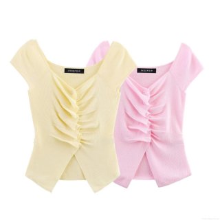 Women's Ruched Knit Short Sleeve Top Button Front Square Neck Slim Fit Ribbed Tee Summer Casual T-Shirt for Women