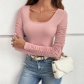 Women's Sexy Square Neck Slim Fit Long Sleeve T-Shirt Viscose Polyester Ribbed Knit Ruched Sleeve Top Casual Daily Basic Layering Tee