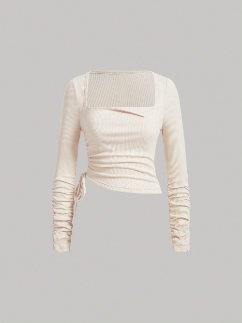 Women Square Neck Long Sleeve T-Shirt Ribbed Knit Side Drawstring Ruched Slim Fit Viscose Spandex Casual Base Layer Cropped Top