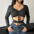 Sexy Women's Long Sleeve Crop Top Polyester Spandex Heart Neck Drawstring Cut Out Slim Fit T-Shirt Y2K Aesthetic Streetwear Party Top Black