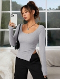 Women's T-Shirt Sexy Slim Fit Long Sleeve Ribbed Knit U-Neck Crop Top with Side Slit Solid Color Viscose Blend Streetwear Base Layer Top for Women Daily Party