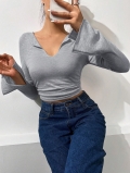 Women Sexy Deep V Neck Ruched Crop Top Flared Long Sleeve Slim Fit T-Shirt Cotton Blend Ribbed Knit Streetwear Top for Women Grey Autumn Winter