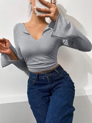 Women Sexy Deep V Neck Ruched Crop Top Flared Long Sleeve Slim Fit T-Shirt Cotton Blend Ribbed Knit Streetwear Top for Women Grey Autumn Winter