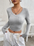 Women's Slim Fit Cropped V-Neck T-Shirt 95% Polyester 5% Spandex Long Sleeve Top With Pocket Casual Streetwear For Autumn Winter