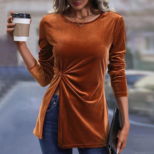 Women's Sexy Velvet T-Shirt Long Sleeve Round Neck Irregular Slit Twist Knot Slim Fit Top Elegant Commute Velvet Blouse For Autumn Winter