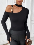 Women's Sexy Off-Shoulder Halter Neck Ribbed Knit Top Gold Chain Cutout Long Sleeve Slim Fit T-Shirt For Fashion Night Club Party
