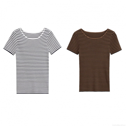 Women's Striped Knit T-Shirt Slim Fit Mercerized Cotton Short Sleeve Round Neck Casual Summer Streetwear Tee Top For Women