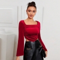 Velvet Tops Women French Vintage Square Neck Ruched Long Flare Sleeve Slim Fit Cropped Shirts For Party Club Sexy Autumn Winter Wine Red Blouses