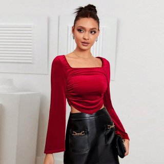 Velvet Tops Women French Vintage Square Neck Ruched Long Flare Sleeve Slim Fit Cropped Shirts For Party Club Sexy Autumn Winter Wine Red Blouses