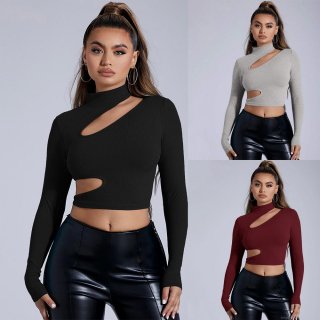 Women's Sexy Cut Out Ribbed Knit T-Shirt Slim Fit Mock Neck Long Sleeve Crop Top Viscose Blend Soft Base Layer Shirt for Club Party Streetwear