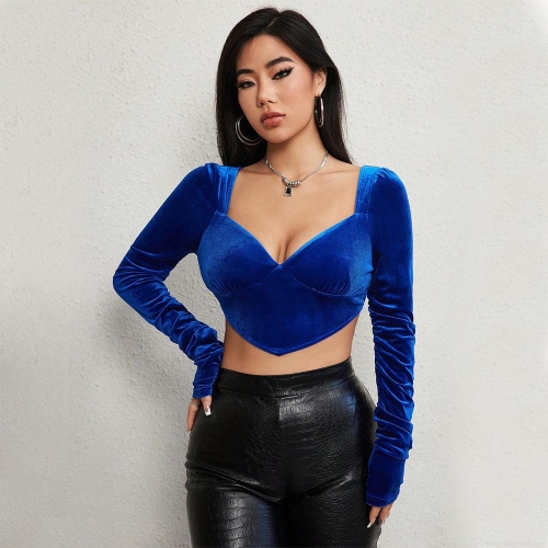 Women Sexy Royal Blue Velvet Cropped Top Long Sleeve Heart Neck Slim Fit Ruched Solid Color Tee Shirt For Party Clubwear Streetwear Night Out Fashion
