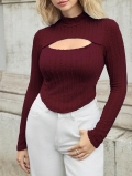 Women's Sexy Mock Neck Hollow Out Knit Top Long Sleeve Polyester Cotton Blend Ribbed Slim Fit Short T-Shirt Autumn Winter Fashion Clubwear