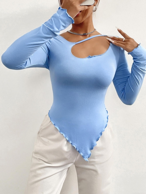 Women's Sexy Hollow Out Slim Fit Long Sleeve T-Shirt Viscose Elastane Blend Asymmetric Pointed Hem Y2K Style Casual Base Layer Top