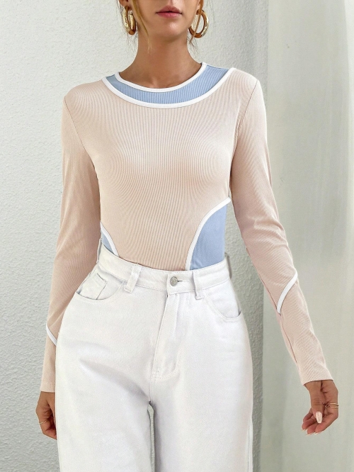 Women's Color Block Knitted Top Elegant Long Sleeve Round Neck Slim Fit Ribbed Base Shirt Fake Two-Piece Chic Polyester Elastane Pullover For Women