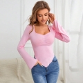 Women's Slim Fit Knit Long Sleeve T-Shirt Sweetheart Neck Ruched Bust Asymmetric V-Shape Hem Cotton Polyester Spandex Pink Crop Top Casual Fall Winter Clothing