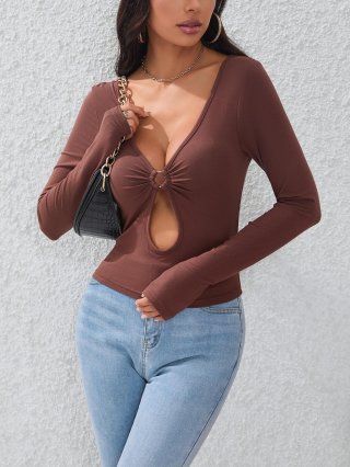 Women Sexy Hollow Out T-Shirt Metal Ring Deep V-Neck Long Sleeve Viscose Elastane Knit Slim Fit Top For Daily Dating Party Spicy Girl Fashion Clubwear Clothing