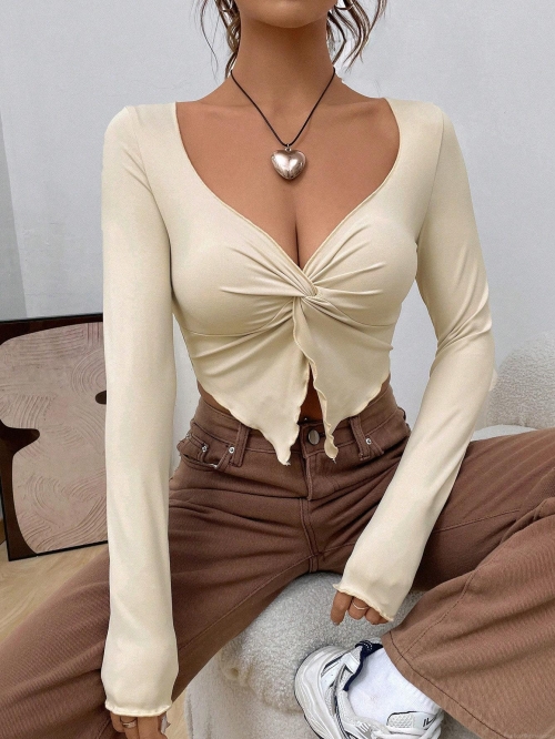 Women Sexy V Neck Twist Front Cropped T-Shirt Long Sleeve Slim Fit Knit Top Solid Color Elastic Polyester Spandex Tee for Party Club Daily Wear