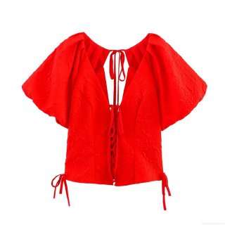 Women's Sexy V-Neck T-Shirt Jacquard Polyester Puff Sleeve Backless Lace-Up Short Top Summer Streetwear Slim Fit Red Blouse Fashion Lady