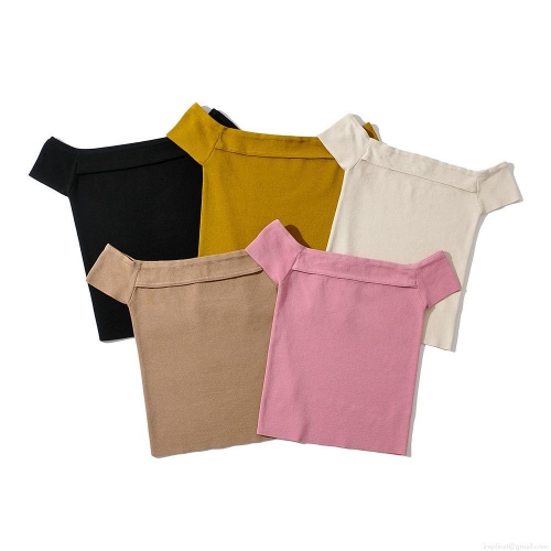 Women Off-Shoulder Knitted T-Shirt Sexy Backless Slim Fit Short Sleeve Top Summer Streetwear Rayon Nylon Solid Color Tee For Women