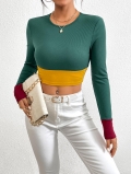 Women's Ribbed Knit Contrast Patchwork Long Sleeve Cropped T-Shirt Viscose Polyester Elastane Round Neck Slim Fit Fashion Top