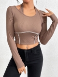Women's Fashion Slim Fit Ribbed Knit T-Shirt Halter Neck Long Sleeve Contrast Stitching Cropped Top Casual Daily Wear Polyester Elastane Blouse