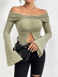 Women's Sexy Off-shoulder Knit T-Shirt Flare Sleeve Ruched Drawstring Crop Top Slim Fit Solid Color Polyester Blend Sage Green Casual Party Blouse