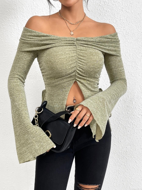 Women's Sexy Off-shoulder Knit T-Shirt Flare Sleeve Ruched Drawstring Crop Top Slim Fit Solid Color Polyester Blend Sage Green Casual Party Blouse