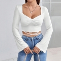 Women Chic Elegant White Crop Top Long Bell Sleeve Heart Neck Waist Cross Tie-up Slim Fit T-Shirt Sexy Viscose Elastane Blouse for Dating Party
