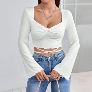 Women Chic Elegant White Crop Top Long Bell Sleeve Heart Neck Waist Cross Tie-up Slim Fit T-Shirt Sexy Viscose Elastane Blouse for Dating Party