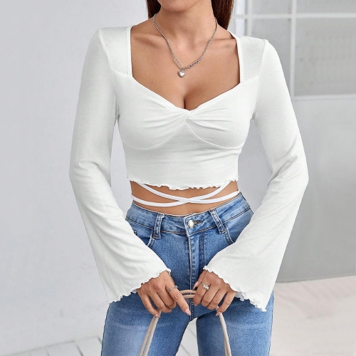 Women Chic Elegant White Crop Top Long Bell Sleeve Heart Neck Waist Cross Tie-up Slim Fit T-Shirt Sexy Viscose Elastane Blouse for Dating Party