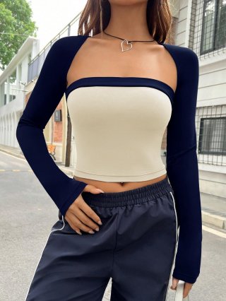 Women's Sexy Contrast Patchwork Crop Top Long Sleeve Faux Two-Piece Tube Top T-Shirt Slim Fit Sweet Spicy Style Tee Polyester Spandex Top For Daily Party