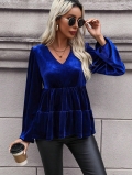 Women's Elegant V-Neck Blue Velvet Long Sleeve Top With Pleated Ruffle Hem And Bubble Sleeve Casual Commute Velvet T-Shirt For Women