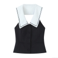 Women's Sexy Backless Sleeveless T-Shirt Navy Collar Contrast Trim Single Breasted Polyester Streetwear Vest Top For Summer Casual Fashion