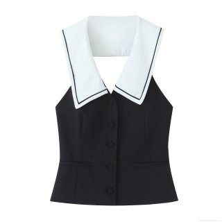 Women's Sexy Backless Sleeveless T-Shirt Navy Collar Contrast Trim Single Breasted Polyester Streetwear Vest Top For Summer Casual Fashion