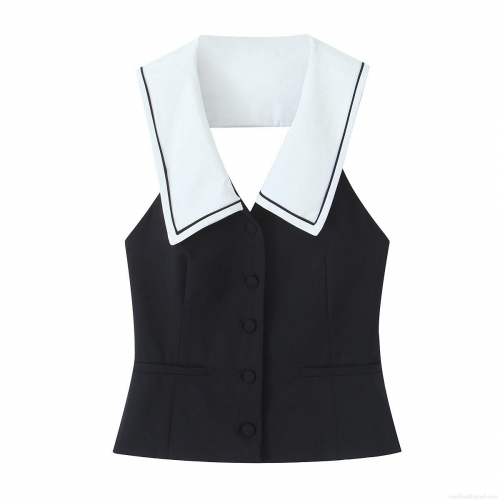 Women's Sexy Backless Sleeveless T-Shirt Navy Collar Contrast Trim Single Breasted Polyester Streetwear Vest Top For Summer Casual Fashion