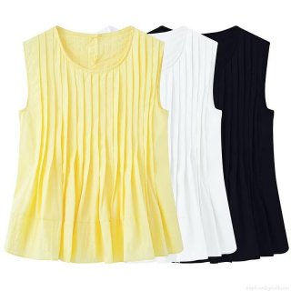 Women's Sleeveless Pleated T-Shirt Casual Round Neck Summer Loose Polyester Top Solid Color Street Style Fashion Basic Vest For Women