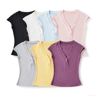 Women's V Neck Ribbed Knit T-Shirt Cap Sleeve Button Down Slim Fit Summer Top Casual Solid Color Viscose Elastane Basic Tee Blouse