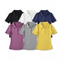Women Slim Fit Polo T-Shirt Short Sleeve Viscose Elastane Ribbed Knit Top Solid Color Button Down Lapel Shirt Casual Modern Streetwear For Women
