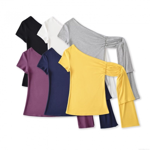 Women's One Shoulder Asymmetric Pleated T-Shirt Viscose Elastane Short Sleeve Casual Summer Top Streetwear Slim Fit Blouse for Ladies