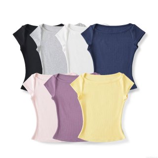 Women's Slim Fit Ribbed Knit T-Shirt Cotton Viscose Blend Boat Neck Short Sleeve Casual Solid Color Top for Summer