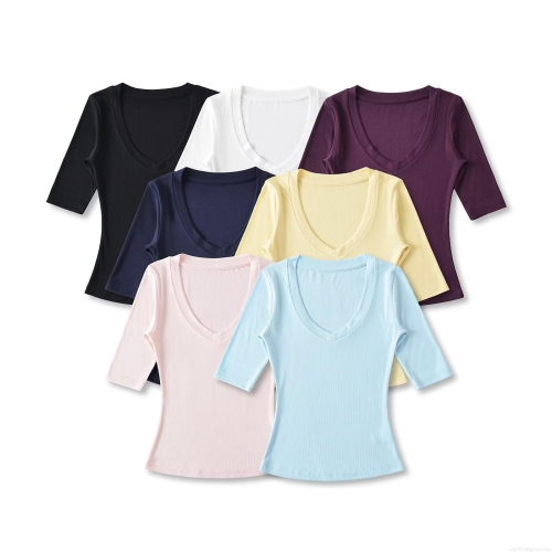 Women's V-Neck Ribbed T-Shirt Lyocell Elastane Blend Short Sleeve Slim Fit Top Casual Summer Streetwear Tee Breathable Solid Color Basic Knit Blouse